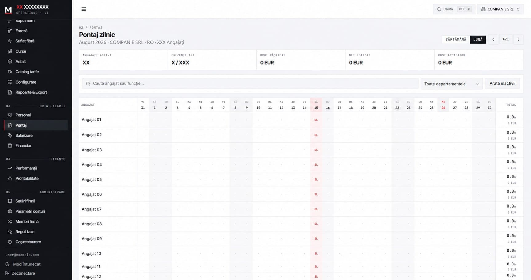 The monthly timesheet in Operations; employee names and all figures are replaced.