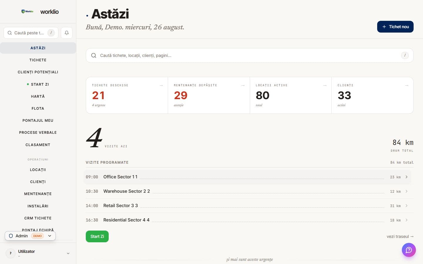 Panoul „Astăzi” din aplicația admin Worklio, cu tichete deschise, mentenanțe depășite și vizitele programate ale zilei.