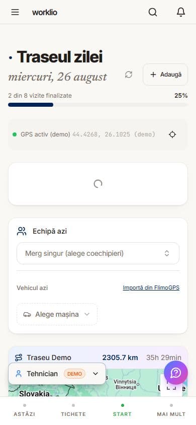 Aplicația de teren Worklio pe telefon, cu traseul zilei, vizitele finalizate, GPS-ul activ și alegerea vehiculului.