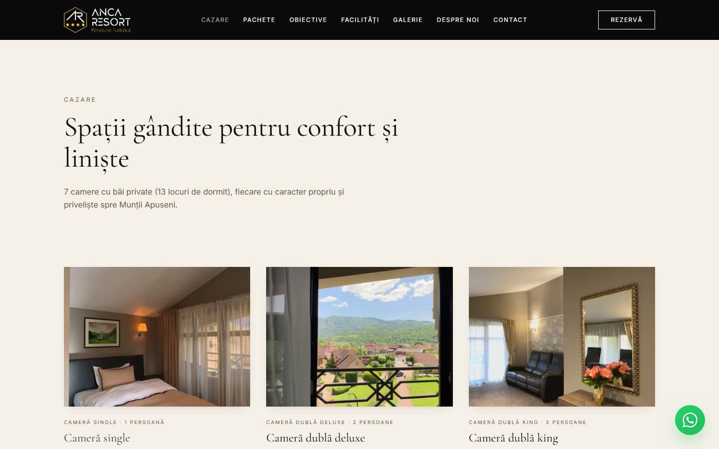 The accommodation page on Anca Resort, with the room types — single, deluxe double, king double — the capacity of each and the price per night.